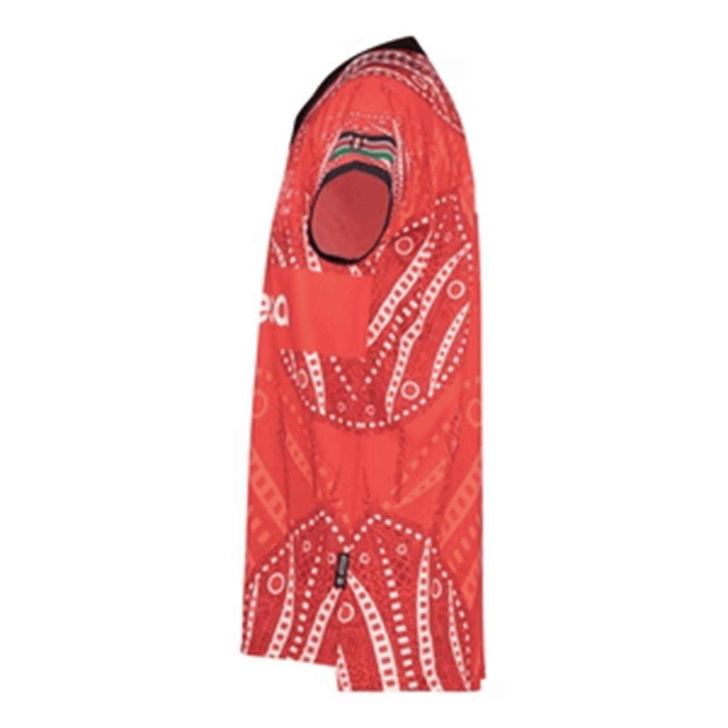 Side view of a red Kenya 7's 25/26 Replica Home Jersey by Umbro, showcasing an intricate white circular design and black trim around the neck and sleeves, crafted for the Kenya Sevens rugby team.