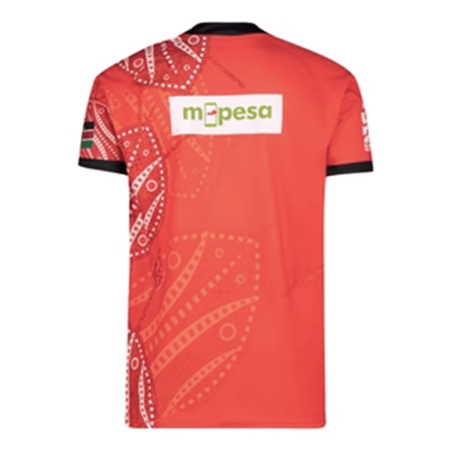 The Kenya 7's 25/26 Replica Home Jersey by Umbro features a red design with black accents, the M-Pesa logo on the back, a decorative left-side pattern, and a Kenyan flag on one sleeve, celebrating Kenya Sevens rugby spirit.