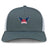 The University of Southern Indiana Women Retro Trucker Cap by EMB S&S Activewear features a gray and white design, an embroidered "USI Women's Rugby" logo with blue wings, and a snapback closure for adjustable fit.