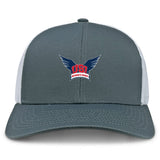 The University of Southern Indiana Women Retro Trucker Cap by EMB S&S Activewear features a gray and white design, an embroidered "USI Women's Rugby" logo with blue wings, and a snapback closure for adjustable fit.