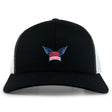 The EMB S&S Activewear University of Southern Indiana Women Retro Trucker Cap features a black and white design, embroidered "USI Women's Rugby" winged logo on the front, and a classic snapback closure.