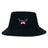 The University of Southern Indiana Women Crusher Bucket Cap by EMB S&S Activewear features a black cotton design with a blue and red "USI Women's Rugby" logo and stylized wings, providing stylish sun protection.