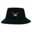 The University of Southern Indiana Women Crusher Bucket Cap by EMB S&S Activewear features a black cotton design with a blue and red "USI Women's Rugby" logo and stylized wings, providing stylish sun protection.
