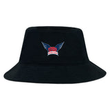 The University of Southern Indiana Women Crusher Bucket Cap by EMB S&S Activewear features a black cotton design with a blue and red "USI Women's Rugby" logo and stylized wings, providing stylish sun protection.