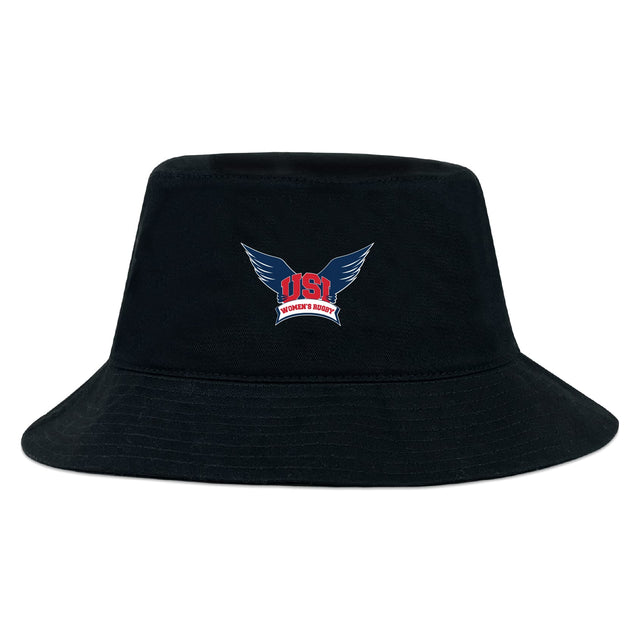 The University of Southern Indiana Women Crusher Bucket Cap by EMB S&S Activewear features a black cotton design with a blue and red "USI Women's Rugby" logo and stylized wings, providing stylish sun protection.