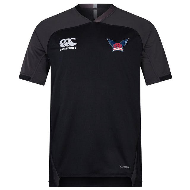 The University of Southern Indiana Women Vapodri Evader Jersey by EMB Canterbury is a black and dark gray short-sleeve jersey with moisture-wicking Vapodri tech, featuring the Canterbury logo on the right chest and a USA Rugby logo on the left.
