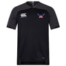 The University of Southern Indiana Women Vapodri Evader Jersey by EMB Canterbury is a black and dark gray short-sleeve jersey with moisture-wicking Vapodri tech, featuring the Canterbury logo on the right chest and a USA Rugby logo on the left.