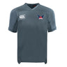 A grey University of Southern Indiana Women Vapodri Evader Jersey by EMB Canterbury, featuring a white Canterbury logo on the right chest, a winged USA logo on the left, and moisture-wicking Vapodri technology for comfort.
