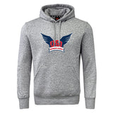 The University of Southern Indiana Women Club Hoodie by WRS Canterbury is a gray hooded sweatshirt with a front pocket and features a USA Women’s Rugby logo with blue wings and red lettering on the chest.