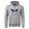 The University of Southern Indiana Women Club Hoodie by WRS Canterbury is a gray hooded sweatshirt with a front pocket and features a USA Women’s Rugby logo with blue wings and red lettering on the chest.