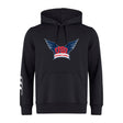 The WRS Canterbury University of Southern Indiana Women Club Hoodie by Canterbury is a black rugby hoodie with a "USA Women's Rugby" wing logo on the chest and three white stripes on the left sleeve.