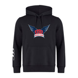 The WRS Canterbury University of Southern Indiana Women Club Hoodie by Canterbury is a black rugby hoodie with a "USA Women's Rugby" wing logo on the chest and three white stripes on the left sleeve.