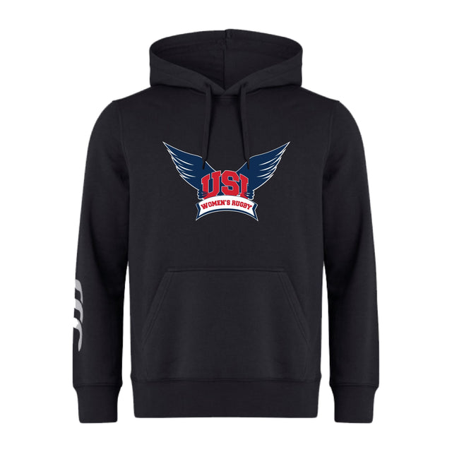 The WRS Canterbury University of Southern Indiana Women Club Hoodie by Canterbury is a black rugby hoodie with a "USA Women's Rugby" wing logo on the chest and three white stripes on the left sleeve.