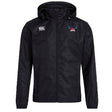The University of Southern Indiana Women Club Vaposhield Full Zip Rain Jacket by EMB Canterbury is black with a front zipper, Canterbury logo on the right chest, blue/red winged emblem on the left, and features water-resistant VapoShield technology.