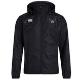 The University of Southern Indiana Women Club Vaposhield Full Zip Rain Jacket by EMB Canterbury is black with a front zipper, Canterbury logo on the right chest, blue/red winged emblem on the left, and features water-resistant VapoShield technology.