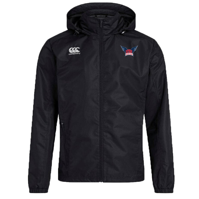 The University of Southern Indiana Women Club Vaposhield Full Zip Rain Jacket by EMB Canterbury is black with a front zipper, Canterbury logo on the right chest, blue/red winged emblem on the left, and features water-resistant VapoShield technology.