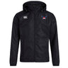 The University of Southern Indiana Women Club Vaposhield Full Zip Rain Jacket by EMB Canterbury is black with a front zipper, Canterbury logo on the right chest, blue/red winged emblem on the left, and features water-resistant VapoShield technology.