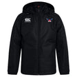 The EMB Canterbury University of Southern Indiana Women Club Vaposhield Stadium Jacket is a black hooded coat with a front zip, padded insulation, the Canterbury logo on the right chest, and a stylized bird emblem on the left.