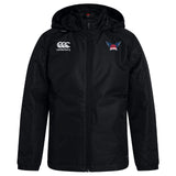 The EMB Canterbury University of Southern Indiana Women Club Vaposhield Stadium Jacket is a black hooded coat with a front zip, padded insulation, the Canterbury logo on the right chest, and a stylized bird emblem on the left.