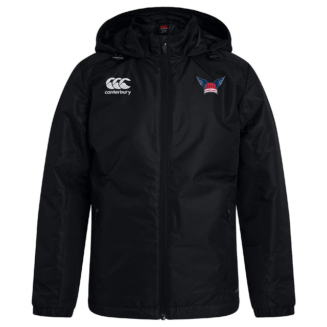 The EMB Canterbury University of Southern Indiana Women Club Vaposhield Stadium Jacket is a black hooded coat with a front zip, padded insulation, the Canterbury logo on the right chest, and a stylized bird emblem on the left.