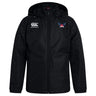 The EMB Canterbury University of Southern Indiana Women Club Vaposhield Stadium Jacket is a black hooded coat with a front zip, padded insulation, the Canterbury logo on the right chest, and a stylized bird emblem on the left.