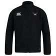 The University of Southern Indiana Women Club Track Jacket by EMB Canterbury is a black lightweight jacket with a zip-up front, featuring the Canterbury logo on the right chest and a winged badge on the left chest.