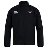 The University of Southern Indiana Women Club Track Jacket by EMB Canterbury is a black lightweight jacket with a zip-up front, featuring the Canterbury logo on the right chest and a winged badge on the left chest.