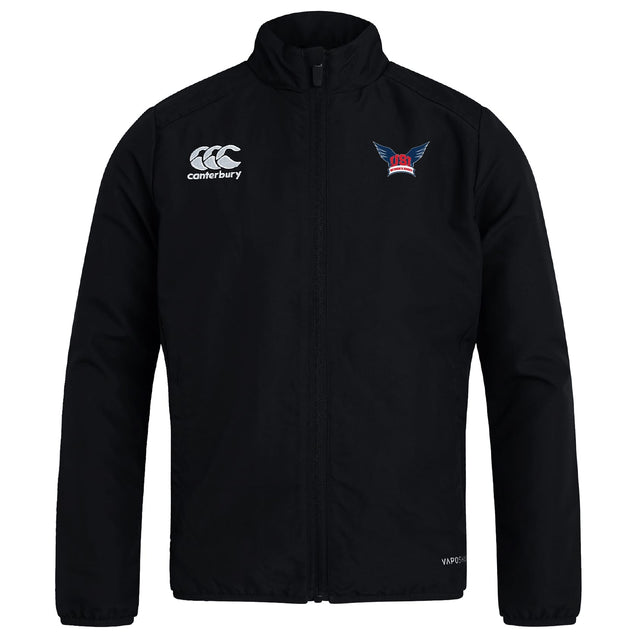 The University of Southern Indiana Women Club Track Jacket by EMB Canterbury is a black lightweight jacket with a zip-up front, featuring the Canterbury logo on the right chest and a winged badge on the left chest.