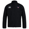 The University of Southern Indiana Women Club Track Jacket by EMB Canterbury is a black lightweight jacket with a zip-up front, featuring the Canterbury logo on the right chest and a winged badge on the left chest.