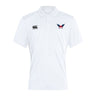 The EMB Canterbury University of Southern Indiana Women Club Dry Polo is a white, short-sleeve polo with a collar, featuring the Canterbury logo and winged "USA" emblem. Made with advanced Vapodri technology for breathable comfort.
