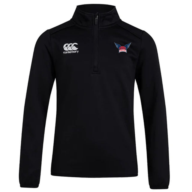 The University of Southern Indiana Women Club 1/4 Zip Mid Layer Training Top by EMB Canterbury features a black design with the Canterbury logo right chest and winged badge left, ideal for custom rugby apparel.