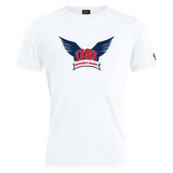 The University of Southern Indiana Women Club Plain Tee by WRS Canterbury is a white cotton-blend t-shirt with a blue and red "USI Women's Rugby" wing logo, inspired by the classic CCC Club Plain T-shirt style.