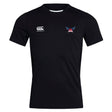 The University of Southern Indiana Women Club Dry Tee by EMB Canterbury is a black sports shirt with a white Canterbury logo, Vapodri Technology for comfort, and a red and blue winged emblem—perfect for active days.