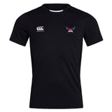 The University of Southern Indiana Women Club Dry Tee by EMB Canterbury is a black sports shirt with a white Canterbury logo, Vapodri Technology for comfort, and a red and blue winged emblem—perfect for active days.