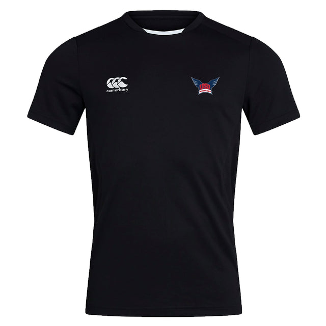 The University of Southern Indiana Women Club Dry Tee by EMB Canterbury is a black sports shirt with a white Canterbury logo, Vapodri Technology for comfort, and a red and blue winged emblem—perfect for active days.