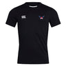 The University of Southern Indiana Women Club Dry Tee by EMB Canterbury is a black sports shirt with a white Canterbury logo, Vapodri Technology for comfort, and a red and blue winged emblem—perfect for active days.