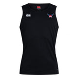 The University of Southern Indiana Women Club Dry Singlet by EMB Canterbury is a sleeveless black athletic tank with a small white Canterbury logo and winged "DRC" chest logo—ideal workout gear.