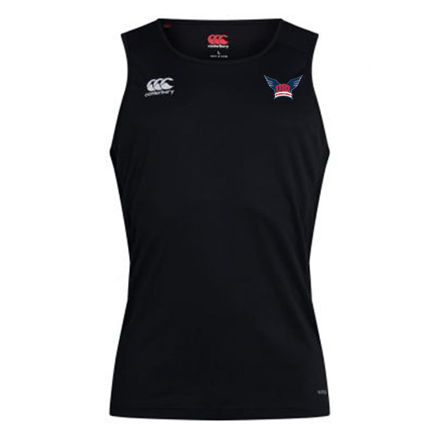 The University of Southern Indiana Women Club Dry Singlet by EMB Canterbury is a sleeveless black athletic tank with a small white Canterbury logo and winged "DRC" chest logo—ideal workout gear.