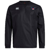 The University of Southern Indiana Women Club Vaposhield Contact Top by EMB Canterbury is a black long-sleeve rugby top with a red-and-blue winged chest logo, crew neckline, elastic cuffs, and breathable Vaposhield technology.