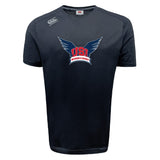 The WRS Canterbury University of Southern Indiana Women Tempo Vapodri T-Shirt features short sleeves, a winged USI Rugby logo with red text on the chest, and a white CCC logo—ideal as a breathable, moisture-wicking performance shirt.