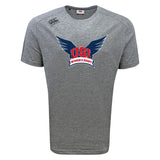 The University of Southern Indiana Women Tempo Vapodri T-Shirt by WRS Canterbury is a gray short-sleeve athletic tee featuring a blue winged logo and red "USI Women's Rugby" text on the front.