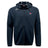 The EMB Canterbury University of Southern Indiana Women Tempo Vapodri Full-Zip Hoodie features navy blue moisture-wicking fabric, a hood, front pockets, a white Canterbury logo on the right shoulder, and a red-and-blue emblem on the left chest.