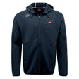 The EMB Canterbury University of Southern Indiana Women Tempo Vapodri Full-Zip Hoodie features navy blue moisture-wicking fabric, a hood, front pockets, a white Canterbury logo on the right shoulder, and a red-and-blue emblem on the left chest.