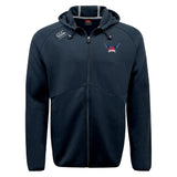 The EMB Canterbury University of Southern Indiana Women Tempo Vapodri Full-Zip Hoodie features navy blue moisture-wicking fabric, a hood, front pockets, a white Canterbury logo on the right shoulder, and a red-and-blue emblem on the left chest.