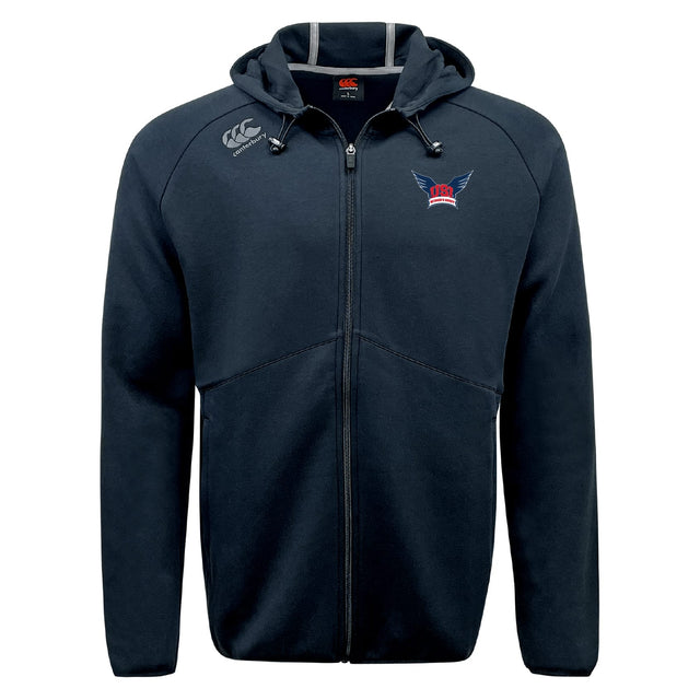 The EMB Canterbury University of Southern Indiana Women Tempo Vapodri Full-Zip Hoodie features navy blue moisture-wicking fabric, a hood, front pockets, a white Canterbury logo on the right shoulder, and a red-and-blue emblem on the left chest.