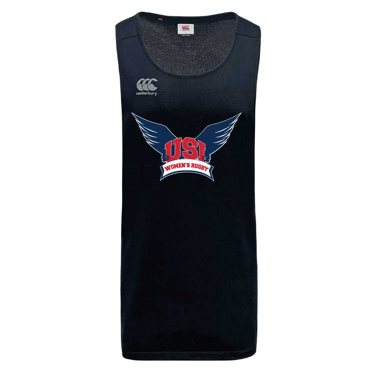 The WRS Canterbury University of Southern Indiana Women Tempo Vapodri Singlet features "USI Women's Rugby" and a winged logo on the chest, Canterbury logo on the shoulder, recycled polyester fabric, and advanced VapoDri comfort technology.