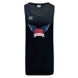 The WRS Canterbury University of Southern Indiana Women Tempo Vapodri Singlet features "USI Women's Rugby" and a winged logo on the chest, Canterbury logo on the shoulder, recycled polyester fabric, and advanced VapoDri comfort technology.