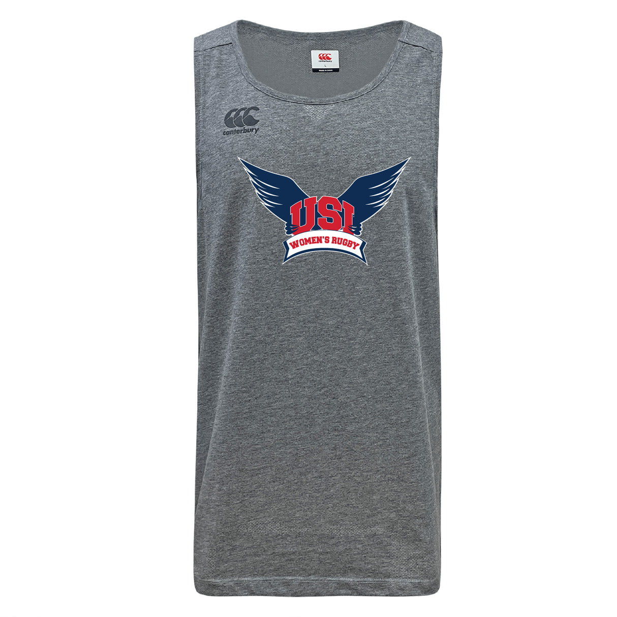 The WRS Canterbury University of Southern Indiana Women Tempo Vapodri Singlet is a gray sleeveless athletic shirt with the Canterbury logo and a large "USI Women's Rugby" winged graphic, made from recycled polyester.