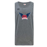The WRS Canterbury University of Southern Indiana Women Tempo Vapodri Singlet is a gray sleeveless athletic shirt with the Canterbury logo and a large "USI Women's Rugby" winged graphic, made from recycled polyester.
