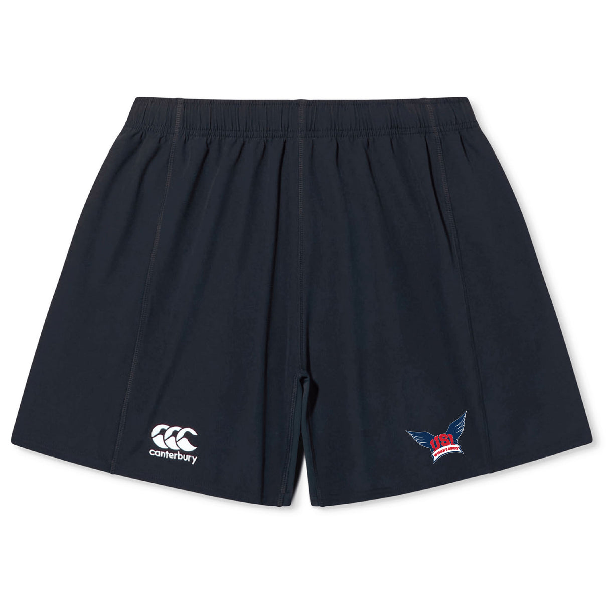 The EMB Canterbury University of Southern Indiana Women Yokohama Shorts are navy blue with an elastic waistband, a white Canterbury logo on the left leg, and a multicolored winged crown logo on the right. Lightweight and designed for peak performance.